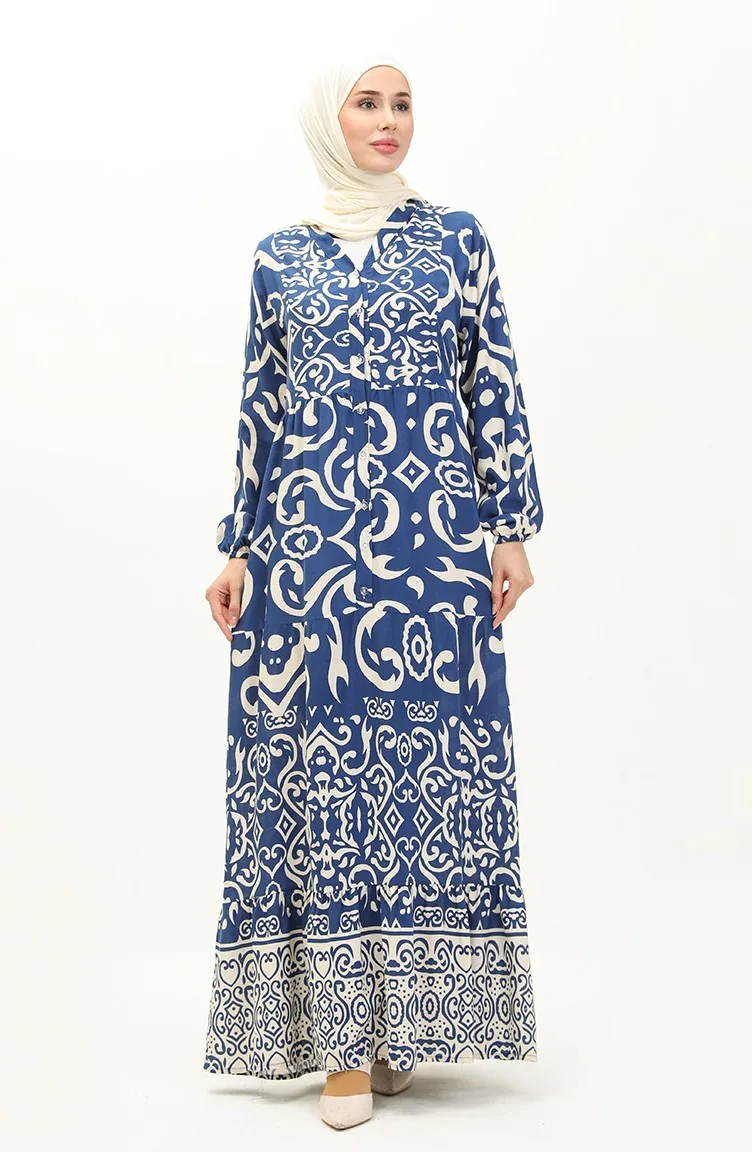 Cotton Patterned Dress 0122-04 İndigo 0122-04