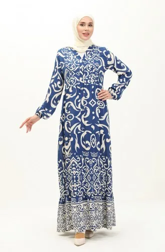 Cotton Patterned Dress 0122-04 İndigo 0122-04