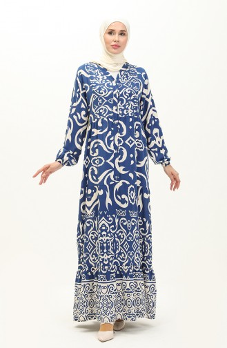 Robe à Motifs en Coton 0122-04 İndigo 0122-04