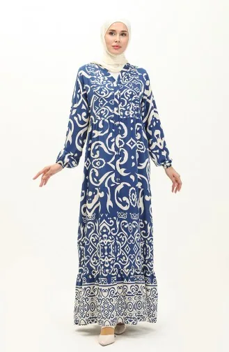 Cotton Patterned Dress 0122-04 İndigo 0122-04