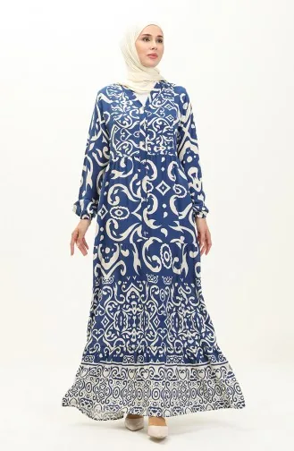 Cotton Patterned Dress 0122-04 İndigo 0122-04