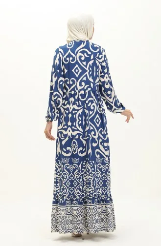 Cotton Patterned Dress 0122-04 İndigo 0122-04