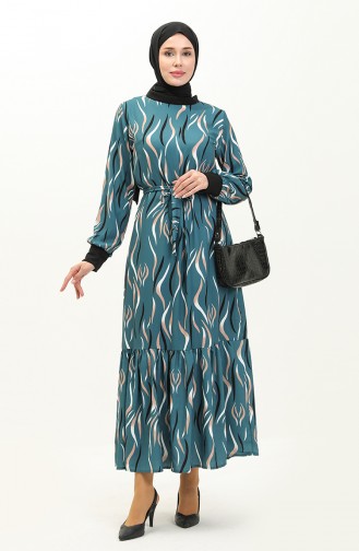 Rib Detailed Patterned Dress 0125-02 Petrol 0125-02