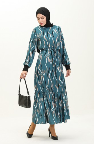 Rib Detailed Patterned Dress 0125-02 Petrol 0125-02