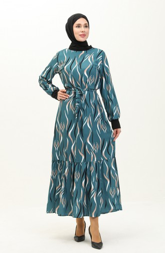 Rib Detailed Patterned Dress 0125-02 Petrol 0125-02