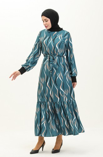 Rib Detailed Patterned Dress 0125-02 Petrol 0125-02