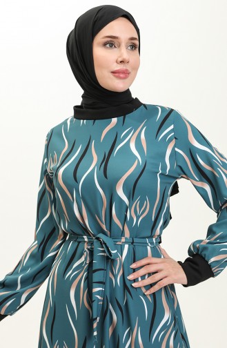 Rib Detailed Patterned Dress 0125-02 Petrol 0125-02
