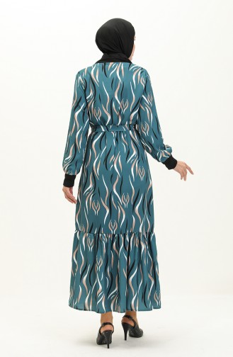 Rib Detailed Patterned Dress 0125-02 Petrol 0125-02