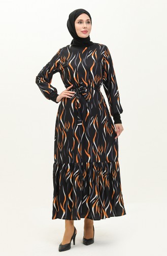 Rib Detailed Patterned Dress 0125-03 Black 0125-03