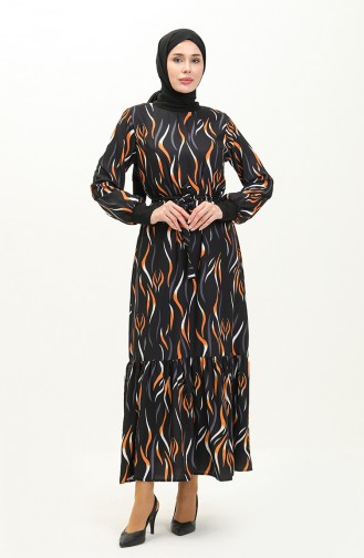 Rib Detailed Patterned Dress 0125-03 Black 0125-03