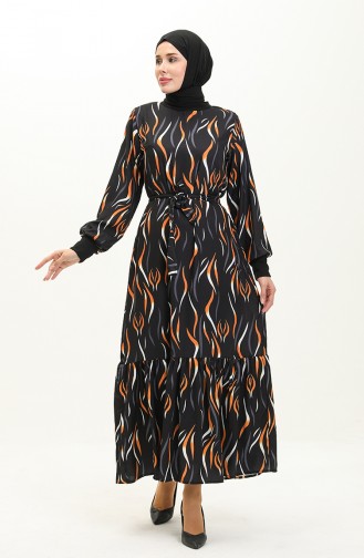 Ribana Detaylı Desenli Elbise 0125-03 Siyah
