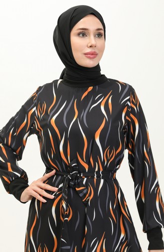 Ribana Detaylı Desenli Elbise 0125-03 Siyah