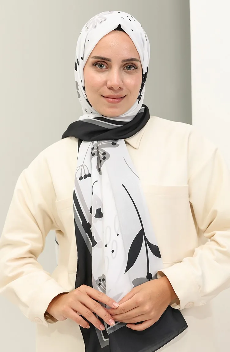 شال كريب منقوش 1578-01 أسود أبيض 1578-01