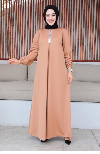 Pul Payetli Tesettür Elbise Taba
