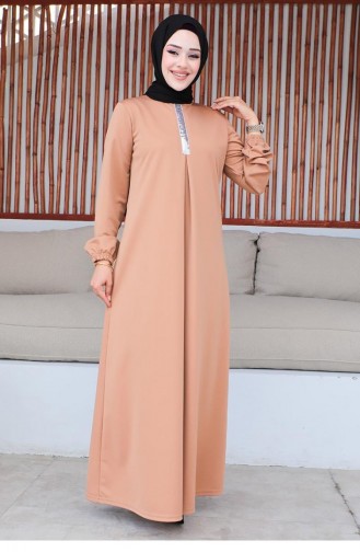 Pul Payetli Tesettür Elbise Taba
