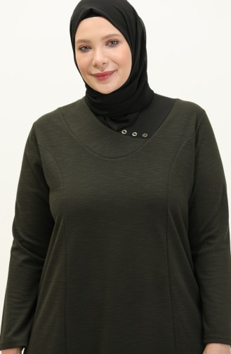 Kadin Buyuk Beden Petek Kumaş Jakar Anne Elbisesi 4756 Haki