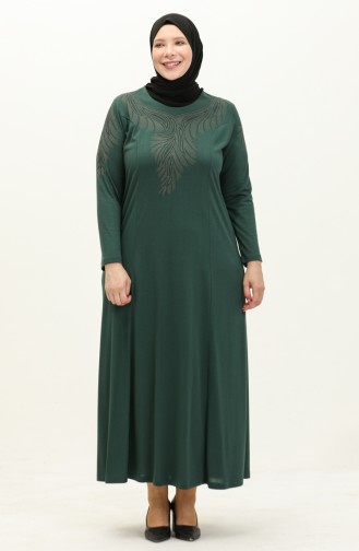 Büyük Beden Taş Baskılı Elbise 4946-07 Zümrüt Yeşili
