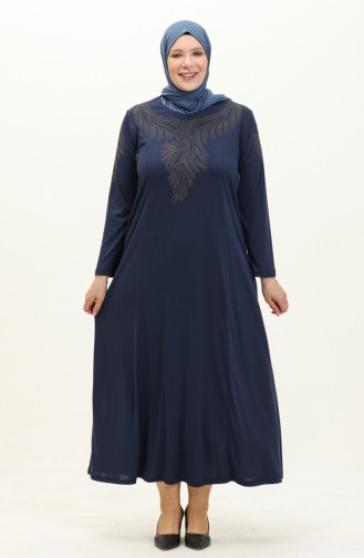 Übergröße Stein bedrucktes Kleid 4946-10 Indigo 4946-10