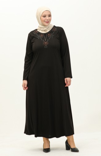 Büyük Beden Nakışlı Elbise 4952-01 Siyah