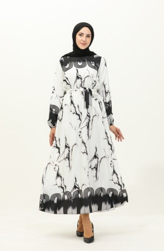 Beli Büzgülü Dijital Baskılı Elbise 1115-01 Siyah Beyaz