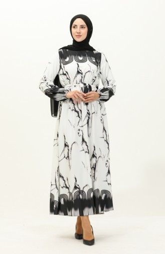 Digital Printed  Shirred Waist Dress 1115-01 Black And white 1115-01