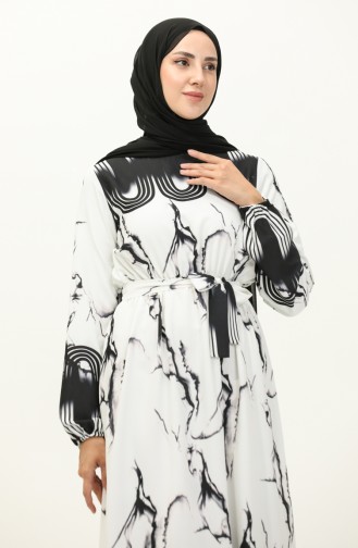 Robe Imprimée Numérique avec Taille Plissée 1115-01 Noir Blanc 1115-01