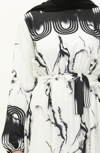 Beli Büzgülü Dijital Baskılı Elbise 1115-01 Siyah Beyaz