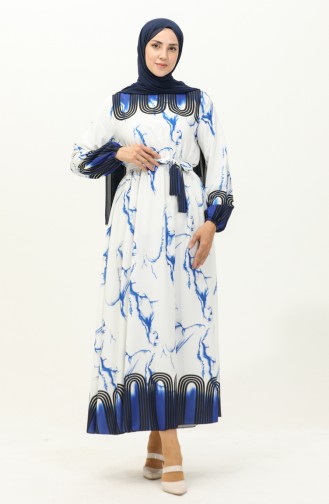 Robe Imprimée Numérique avec Taille Plissée 1115-02 Bleu Roi Blanc 1115-02