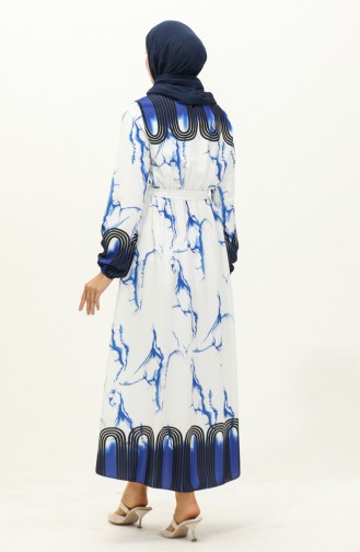 Robe Imprimée Numérique avec Taille Plissée 1115-02 Bleu Roi Blanc 1115-02