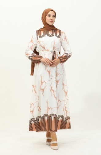 Gerafftes Kleid mit Digitaldruck 1115-03 Braun Weiß 1115-03
