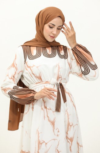 Digital Printed  Shirred Waist Dress  1115-03 Brown white 1115-03