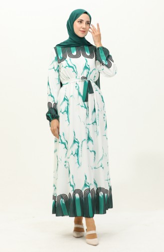 Robe Imprimée Numérique avec Taille Plissée 1115-04 Vert Blanc 1115-04