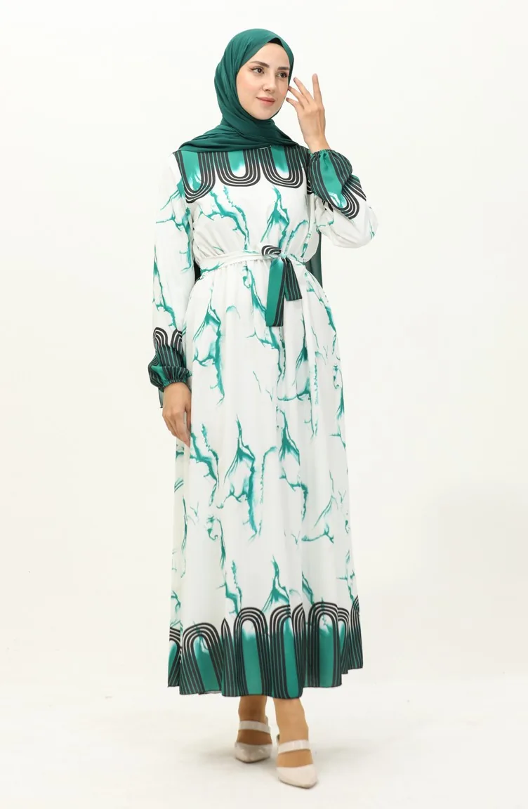 Robe Imprimée Numérique avec Taille Plissée 1115-04 Vert Blanc 1115-04