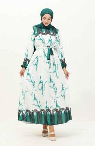 Gerafftes Kleid mit Digitaldruck 1115-04 Grün Weiß 1115-04