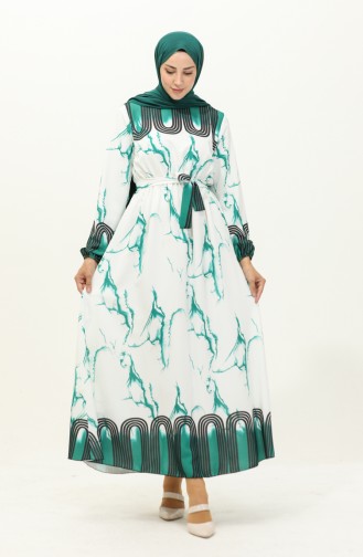 Digital Printed  Shirred Waist Dress 1115-04 Green white 1115-04