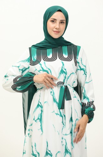 Digital Printed  Shirred Waist Dress 1115-04 Green white 1115-04