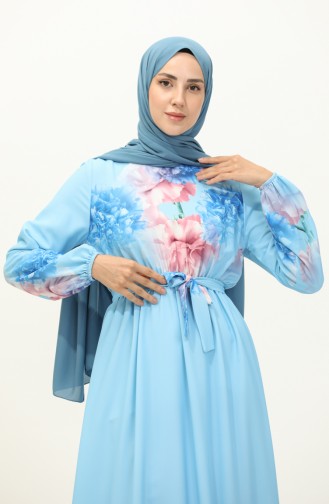 Robe Ceinturée à Imprimé Numérique 1116-01 Bleu Bébé 1116-01