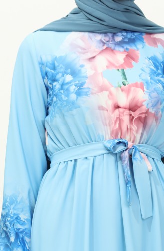 Dijital Baskılı Kuşaklı Elbise 1116-01 Bebe Mavisi
