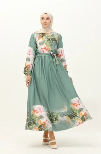 Robe Ceinturée à Imprimé Numérique 1116-02 Vert 1116-02