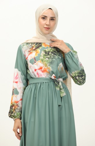 Dijital Baskılı Kuşaklı Elbise 1116-02 Yeşil