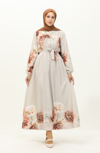 Digital Printed Belted Dress 1116-03 Beige 1116-03