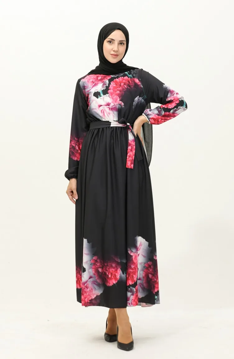 Robe Ceinturée à Imprimé Numérique 1116-04 Noir 1116-04