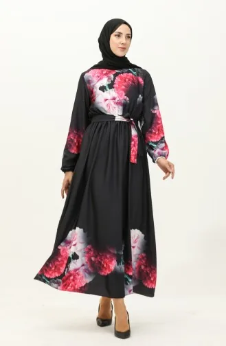 Robe Ceinturée à Imprimé Numérique 1116-04 Noir 1116-04