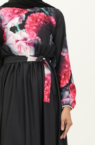 Dijital Baskılı Kuşaklı Elbise 1116-04 Siyah