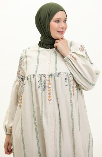 Robe en Lin à Motifs 24Y8949A-02 Beige Vert emeraude 24Y8949A-02