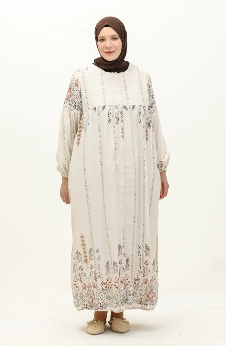 Robe en Lin à Motifs 24Y8949A-03 Beige Moutarde 24Y8949A-03