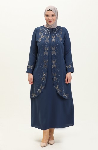 Übergröße Abendkleid mit Steindruck 6077-02 Indigo 6077-02