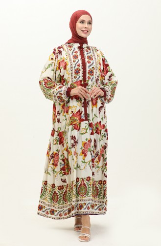 Alaçatı Gemustertes Viskosekleid 5571-04 Weinrot 5571-04
