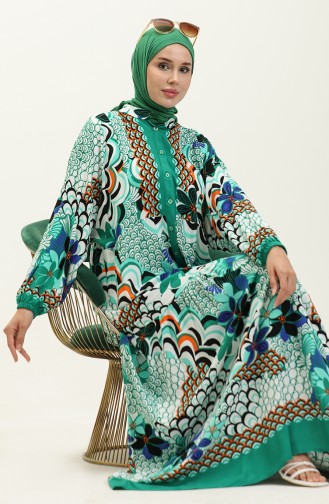 Robe en Viscose à Motifs Alaçatı 5573-02 Vert 5573-02