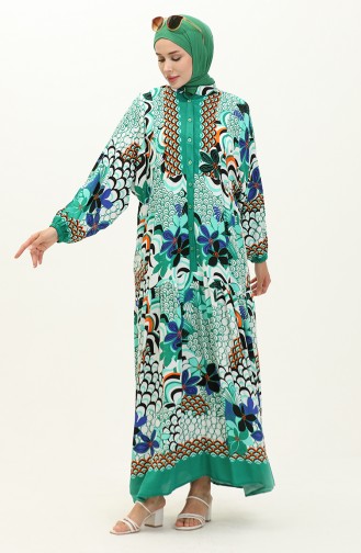 Robe en Viscose à Motifs Alaçatı 5573-02 Vert 5573-02